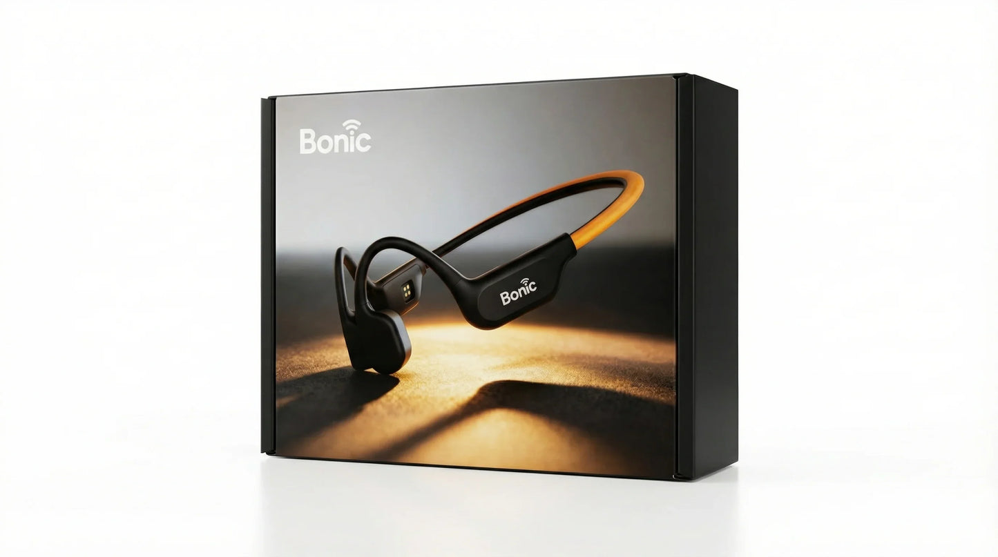 Bonic bone conduction headphones in black packaging with gold lighting background