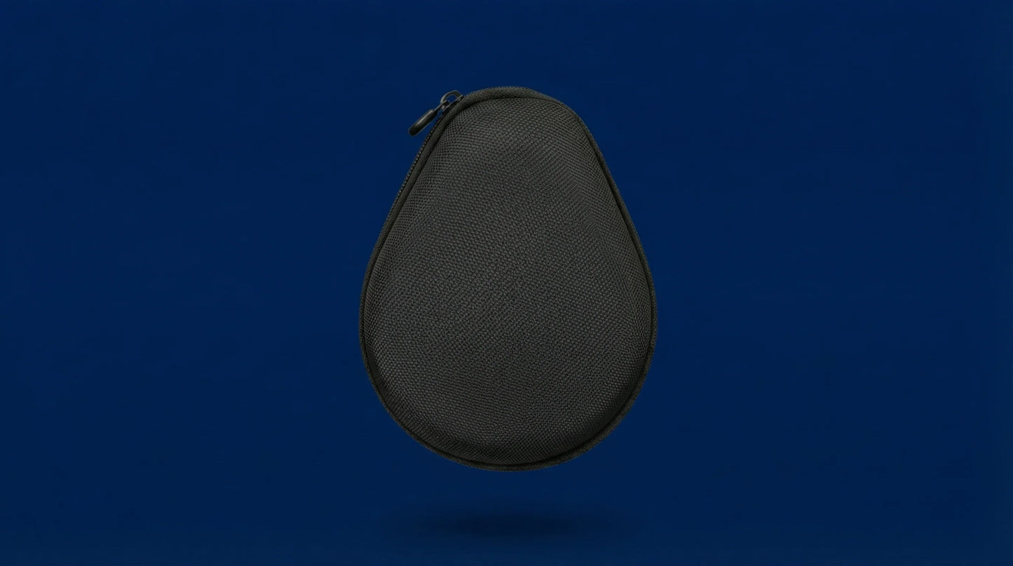 Black textured zipper headphone carrying case on blue background