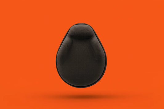 Black hard shell headphone case with textured surface on orange background