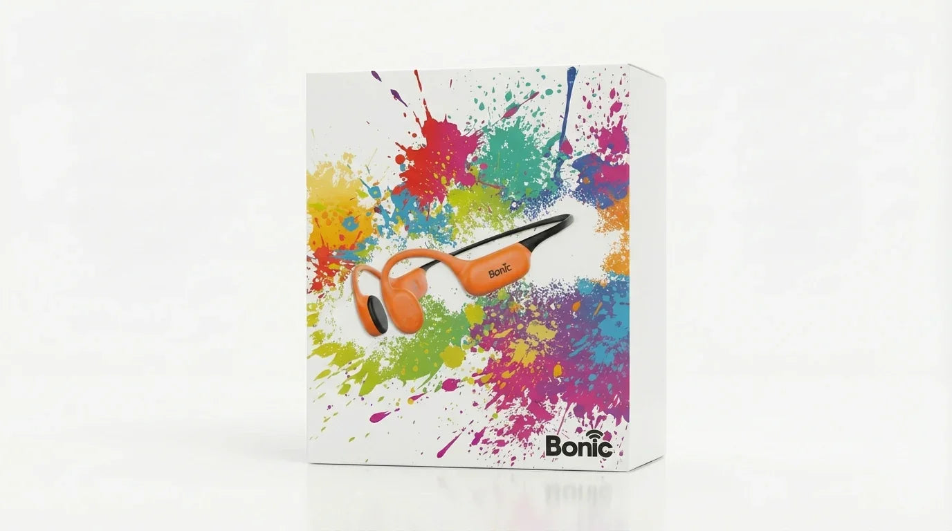 Bonic wireless orange headphones on colorful paint splatter design packaging box