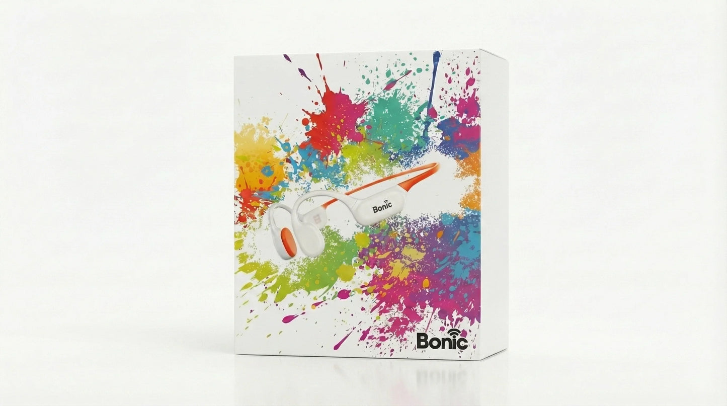 Bonic wireless bone conduction headphones box with colorful paint splatter design
