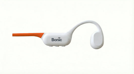 White and orange Bonic wireless bone conduction headphone with ear hook design