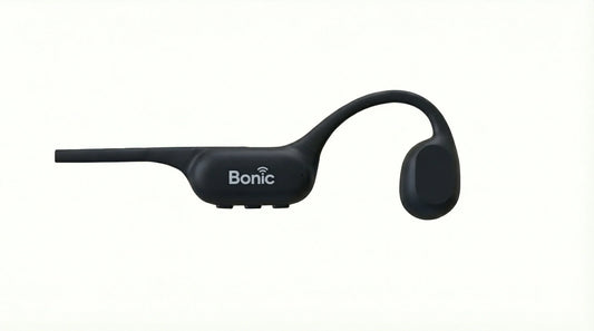 Black Bonic wireless bone conduction headphones with ear hook and controls on white background