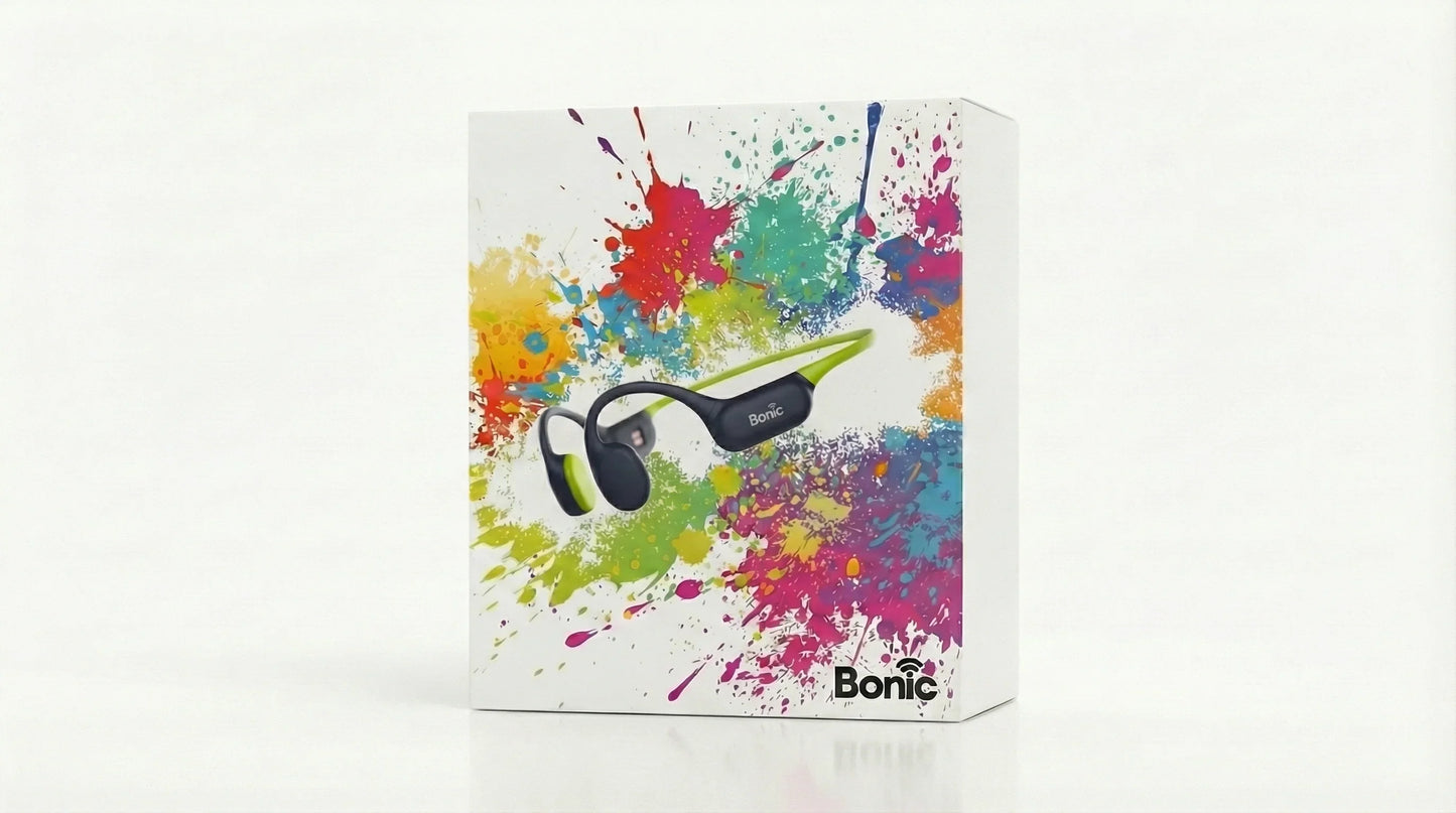 Bonic wireless headphones packaging with colorful paint splashes design on white background