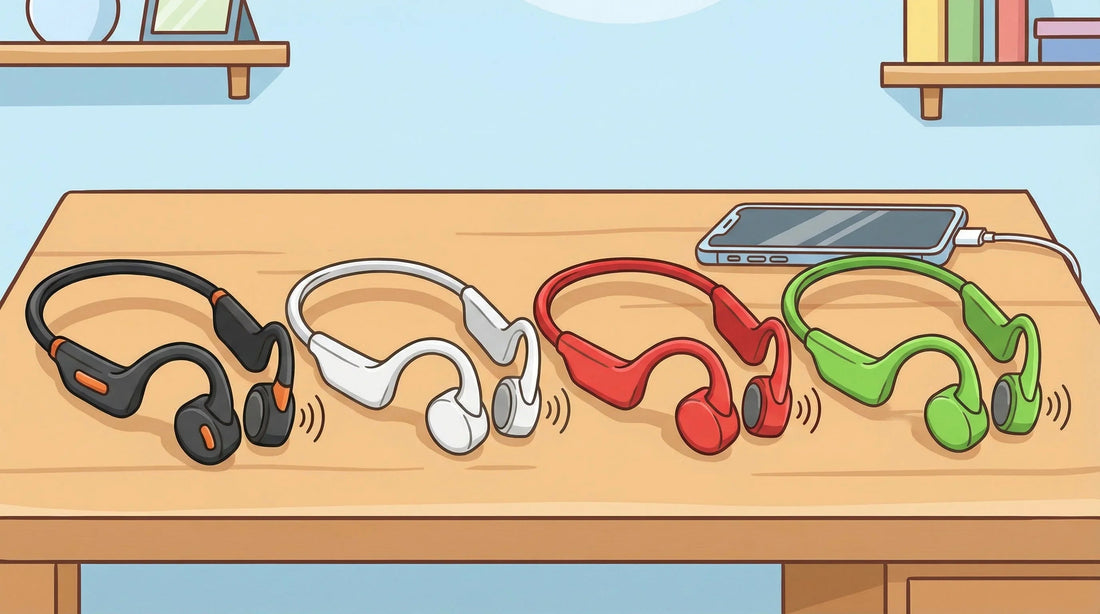 Four colorful bone conduction headphones in black, white, red, and green on wooden table next to smartphone