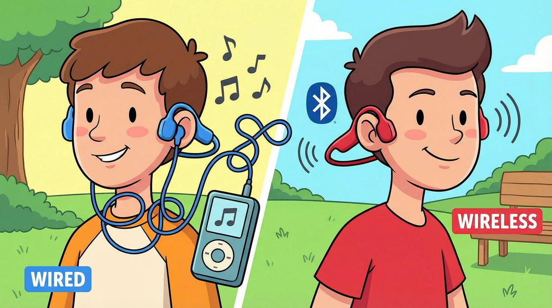 Cartoon comparing wired headphones with tangled cord and wireless Bluetooth headphones outdoors