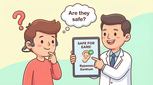 Doctor explaining hearing aid safety bypassing eardrum to a curious man wearing a hearing device