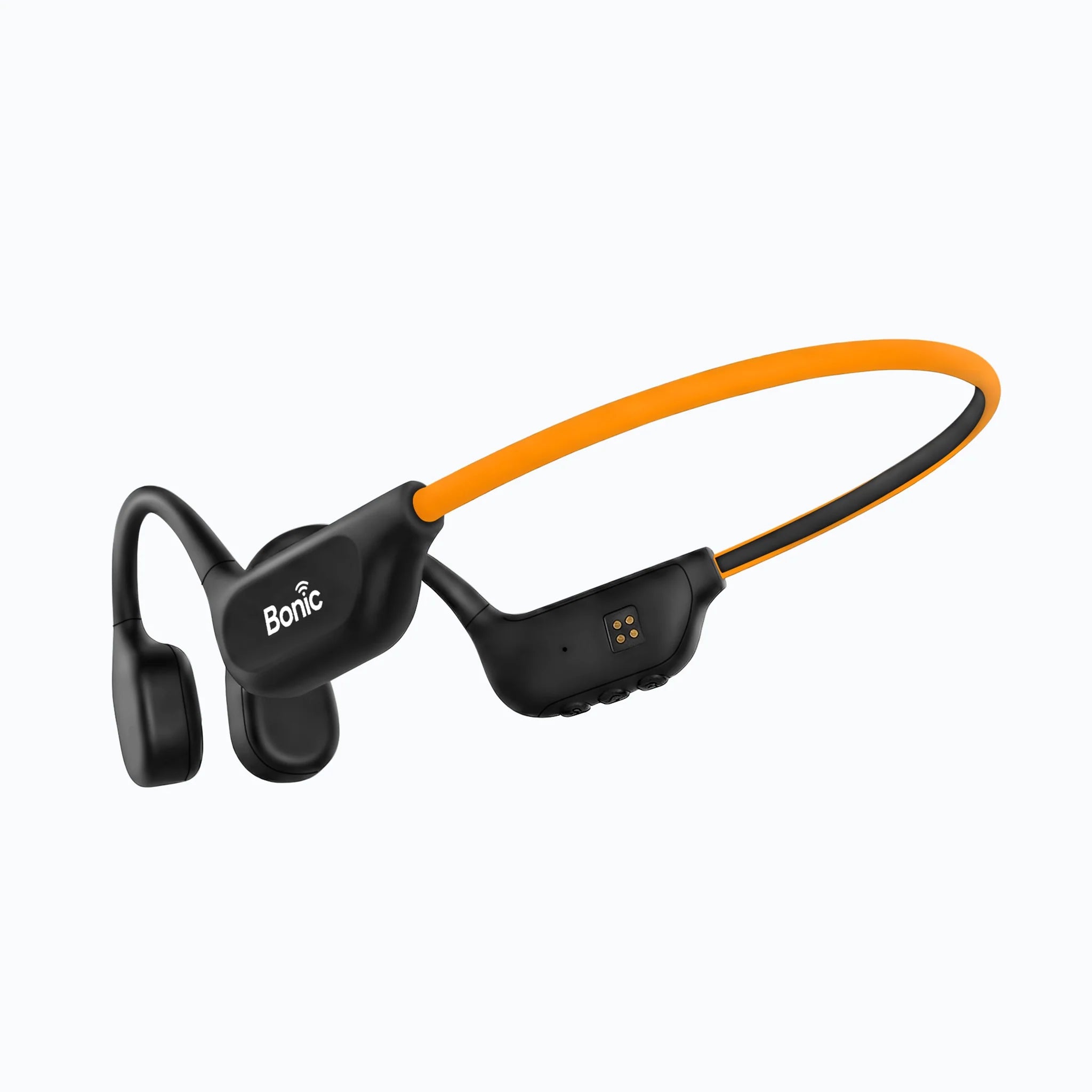Bonic black wireless bone conduction headphones with orange band on white background