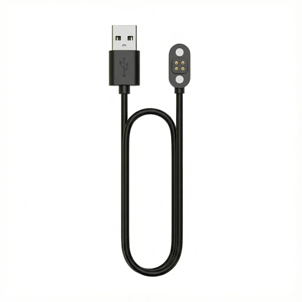 Black USB charging cable with magnetic four-pin connector on white background