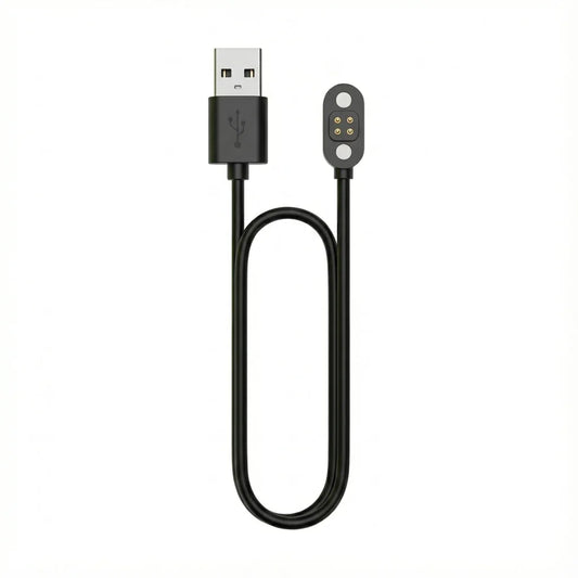 Black USB charging cable with magnetic four-pin connector on white background