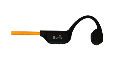 Bonic wireless black bone conduction headphones with orange cable on white background