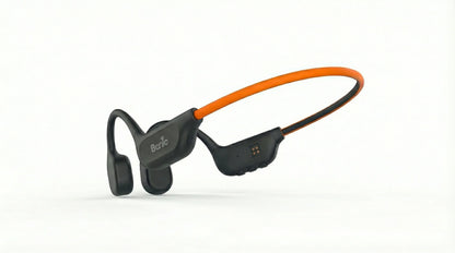 Bone conduction headphones with black earpieces and an orange band on white background