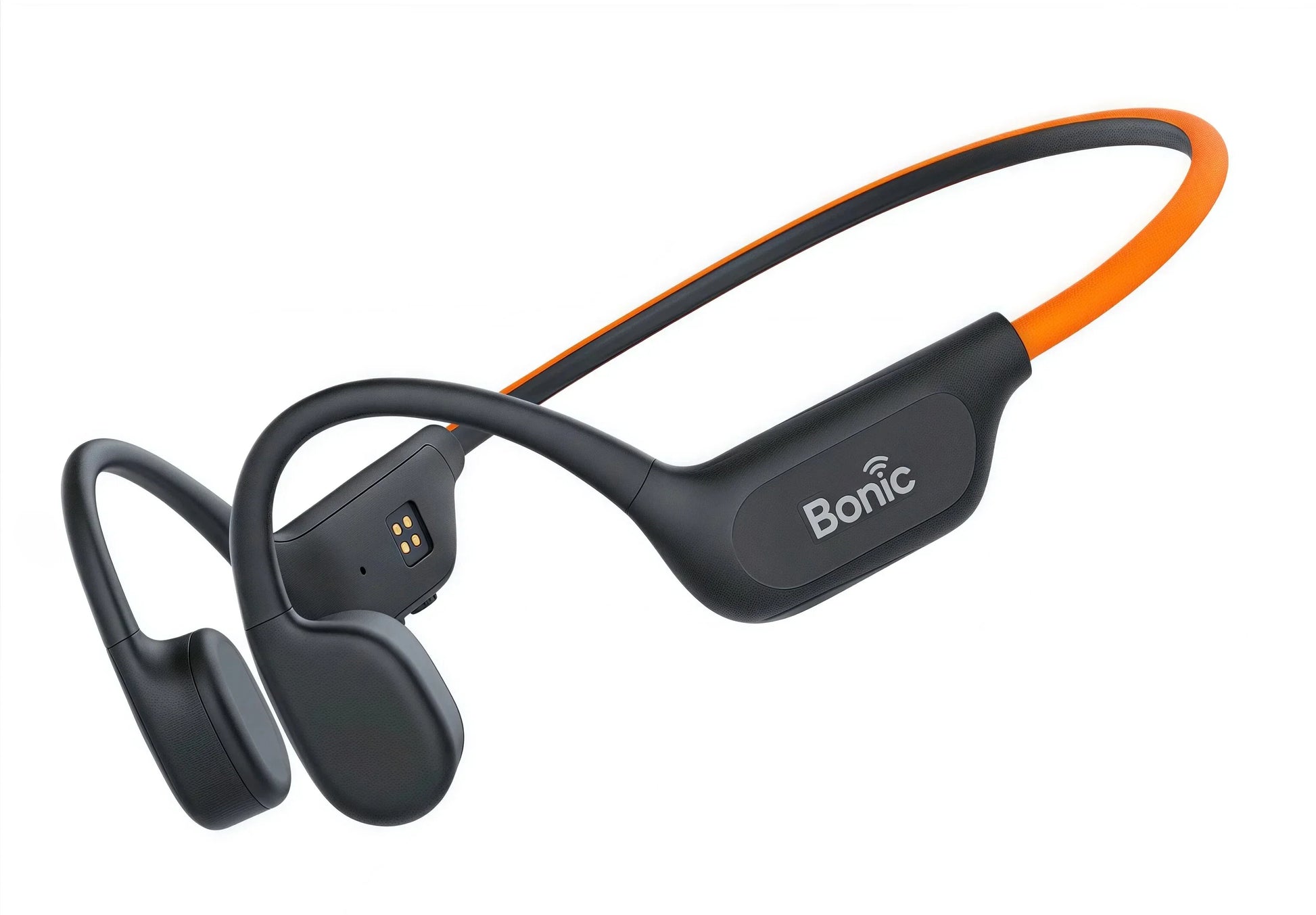 Bonic wireless bone conduction headphones with black earbuds and orange headband on white background