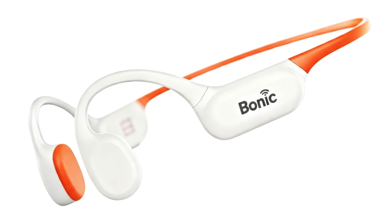 White and orange Bonic wireless sports headphones with ear hooks and neckband design
