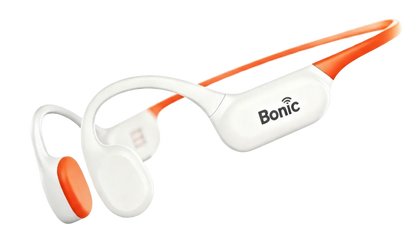 White and orange Bonic wireless sports headphones with ear hooks and neckband design