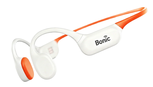 White and orange Bonic wireless sports headphones with ear hooks and neckband design