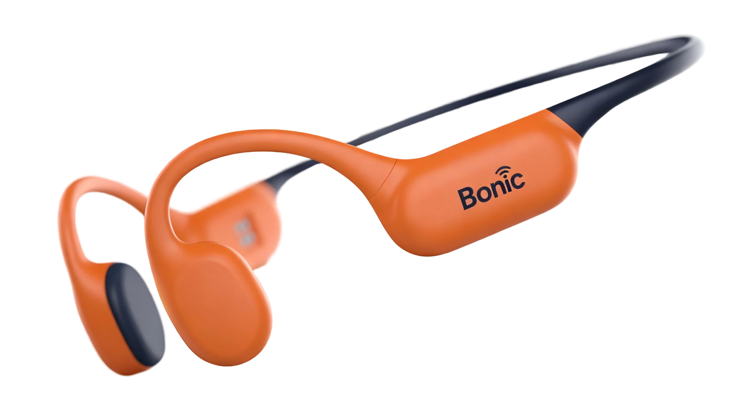 Orange and black Bonic wireless bone conduction headphones with a flexible band