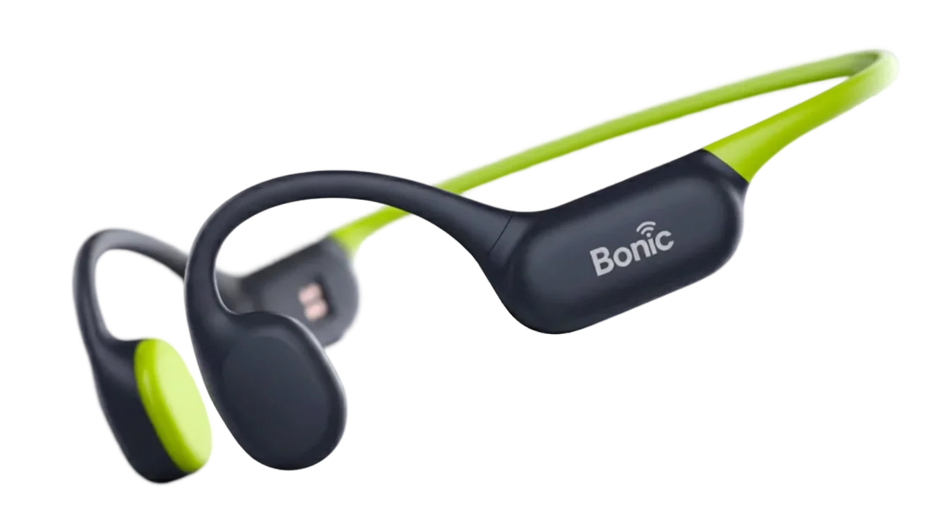 Bonic Fusion wireless bone conduction headphones in black and green with brand logo