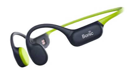 Bonic Fusion wireless bone conduction headphones in black and green with brand logo