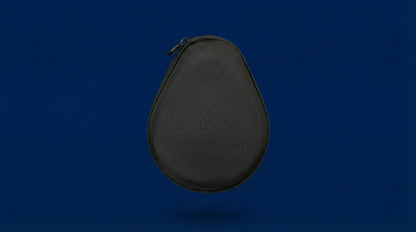 Black textured zipper headphone carrying case on blue background