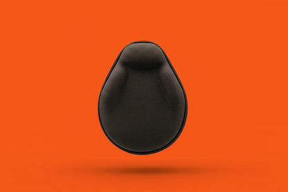 Black hard shell headphone case with textured surface on orange background