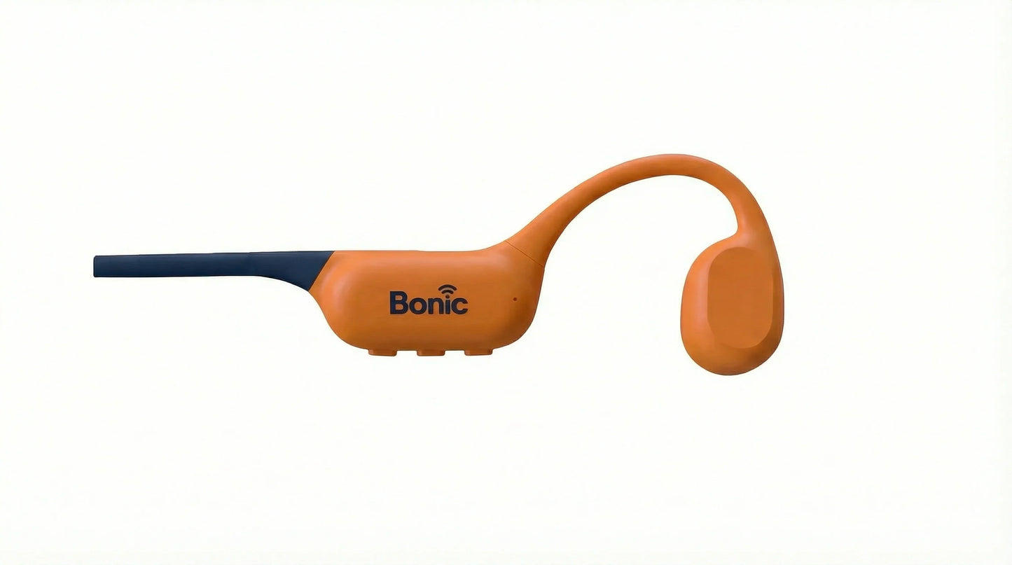 Orange Bonic wireless wearable device with black tip and ear hook on white background