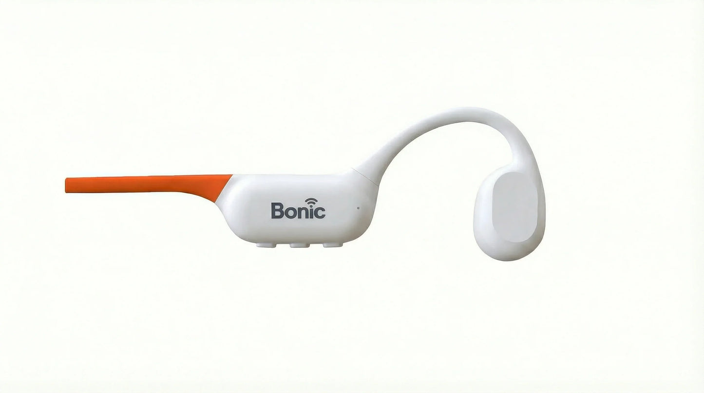 White and orange Bonic wireless bone conduction headphone with ear hook design
