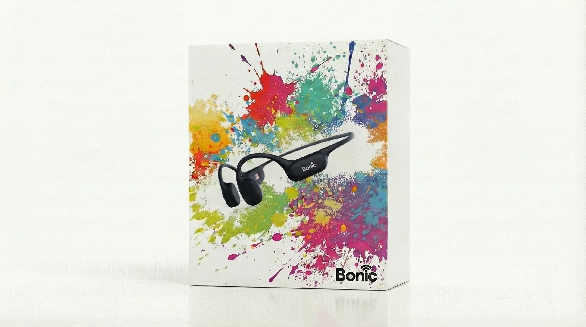 Bonic wireless bone conduction headphones with colorful paint splatter design on white box