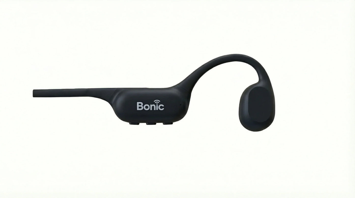 Black Bonic wireless bone conduction headphones with ear hook and controls on white background