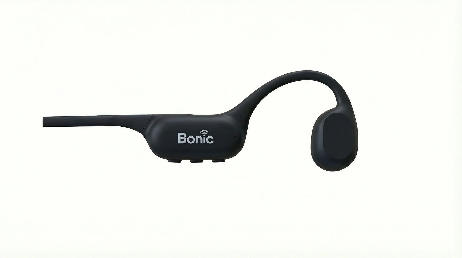 Black Bonic wireless bone conduction headphones with ear hook and controls on white background