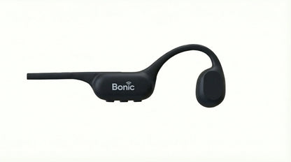 Black Bonic wireless bone conduction headphones with ear hook and controls on white background