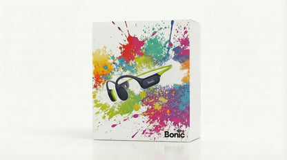 Bonic wireless headphones packaging with colorful paint splashes design on white background