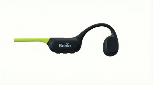 Black and green Bonic wireless bone conduction headphones on white background